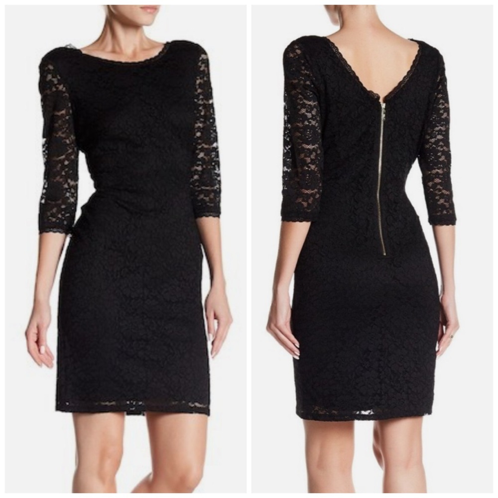 Eliza J Black Lace Sheath Dress with 3/4 Lace Sleeves